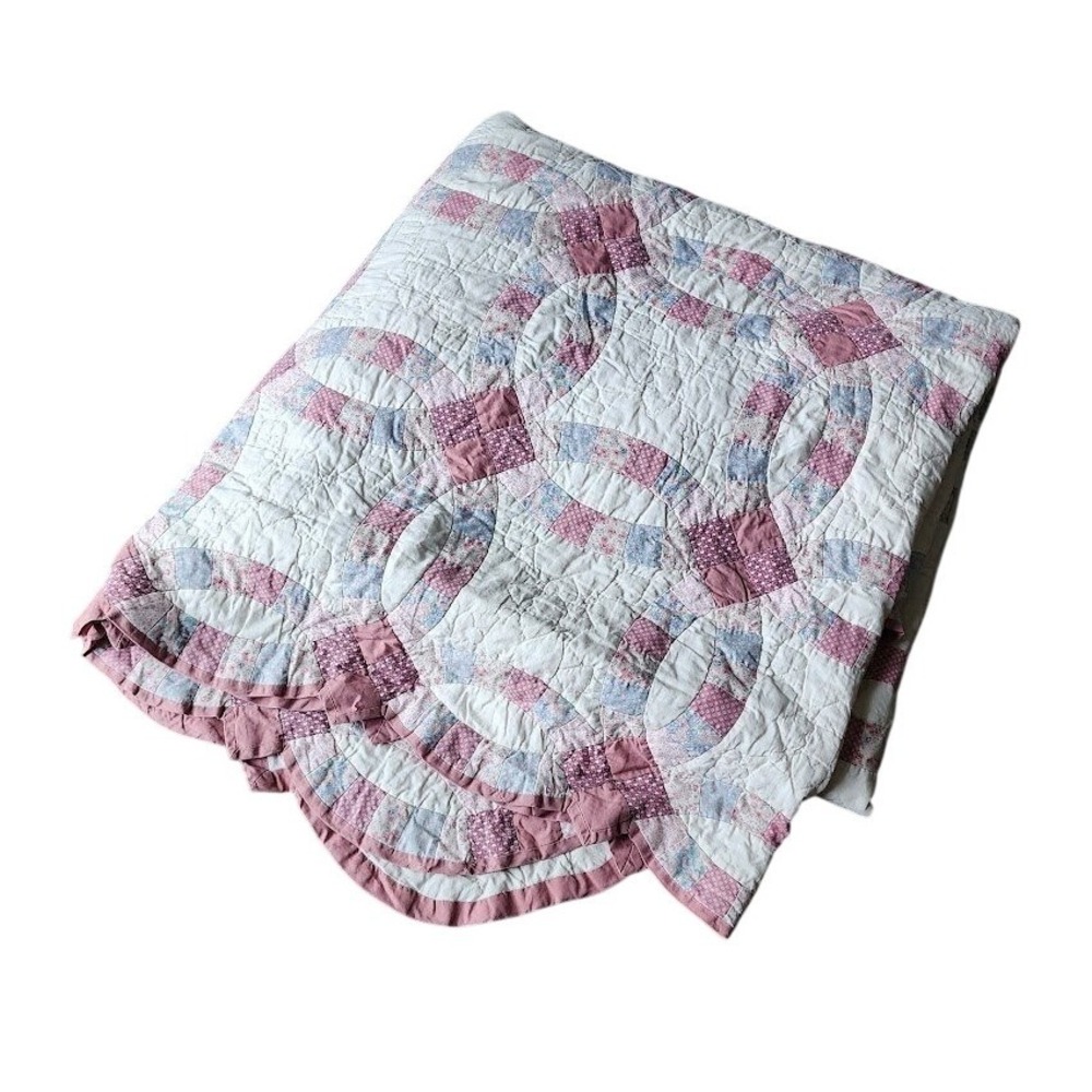 VINTAGE Double Wedding Ring Quilt handmade micro floral Pink Calico 95x105 Queen